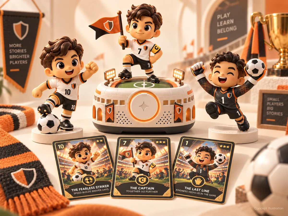 Club concept collection: stadium-style audio base, three human football-player figurines and collectible player cards. Generic characters, no club affiliation.