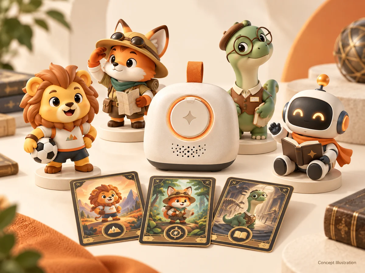 TaleChime concept collection: cream story player, lion, fox, dinosaur and robot character figures, with themed collectible cards. AI-generated design illustration, not a working product demonstration.