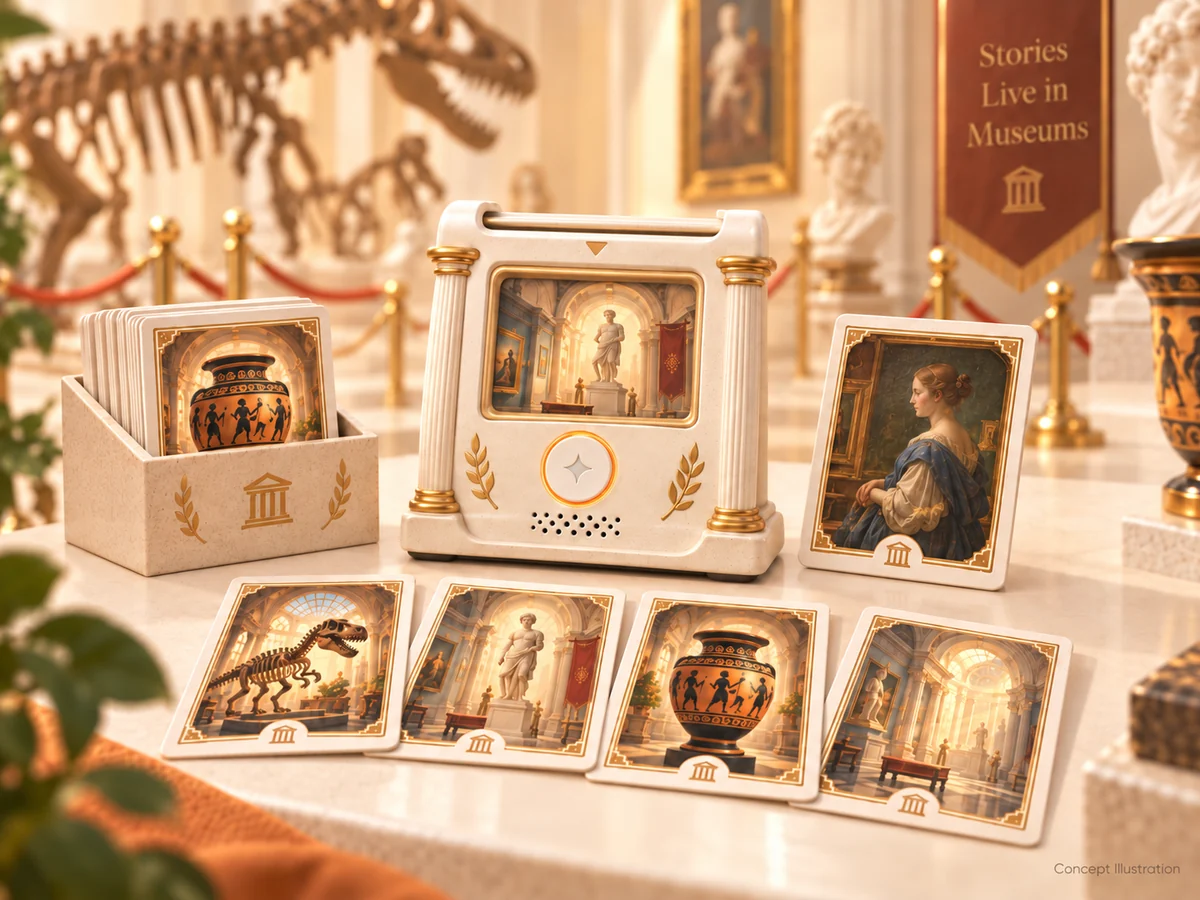 Museum concept collection: a frame-style audio base showing a single artwork, alongside replaceable art cards and a card box. No figurines.