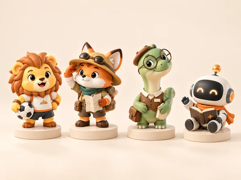 Original lion, fox, dinosaur and robot figurine concepts.