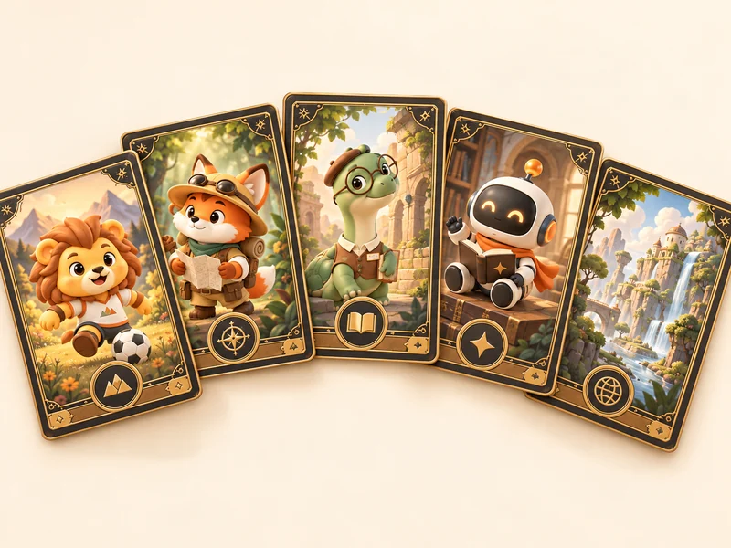 Set of illustrated collectible story cards featuring original characters.